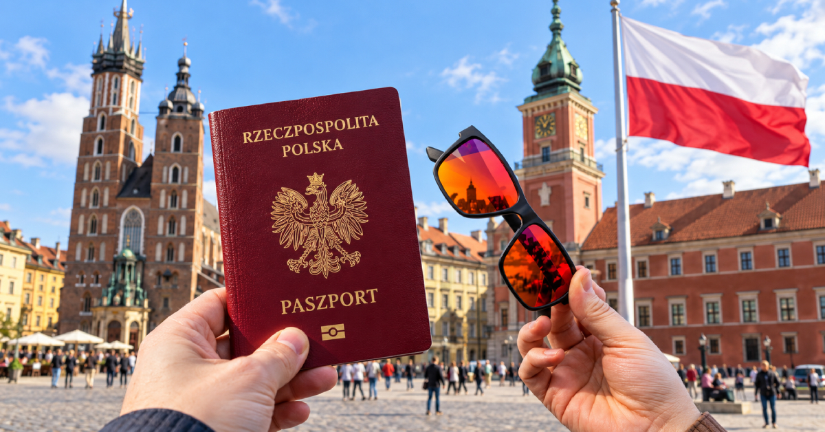 Polski paszport i okulary AktualpleDrive do jazdy nocą na tle zabytkowego rynku i polskiej flagi